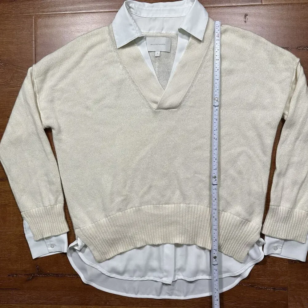 Brochu Walker Looker Layered Sweater Women L Beige Cashmere Wool Pullover Luxury